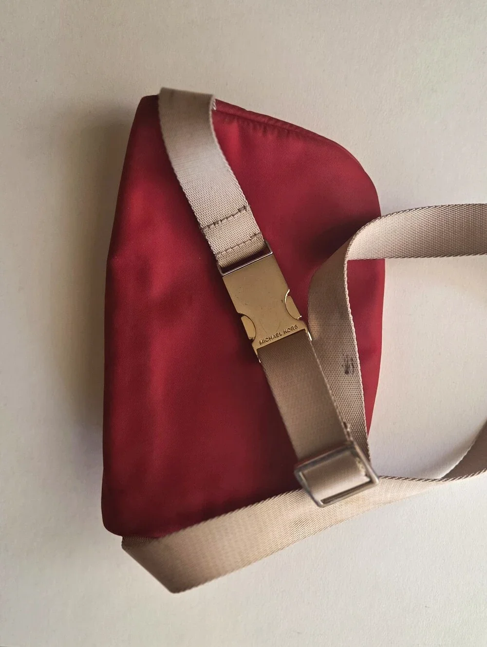 Michael Kors Red Nylon Crossbody Belt Bag with Beige Strap